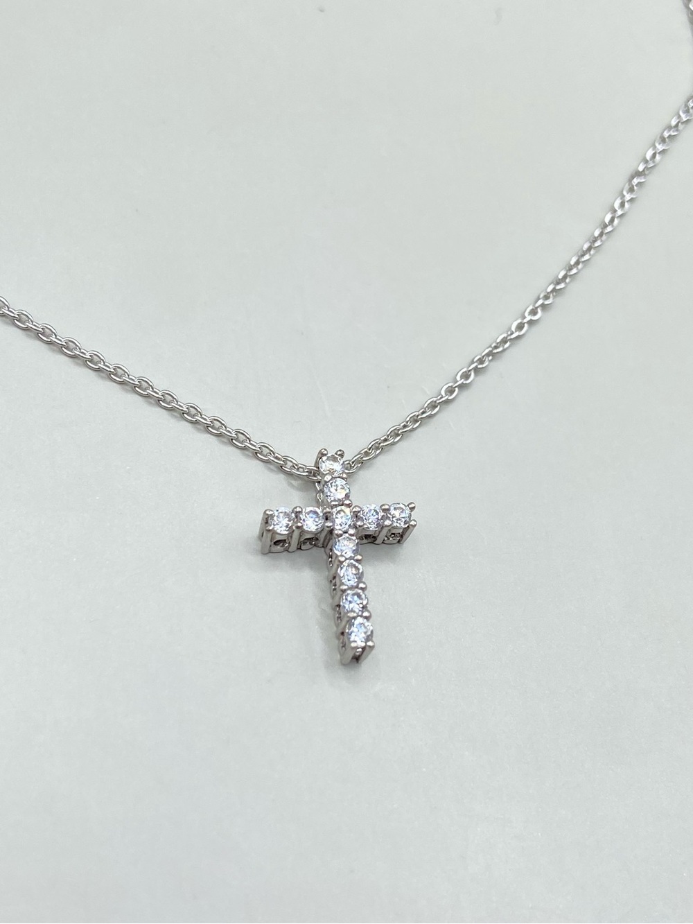 Sterling Silver Cubic Zirconia SAI Cross Pendant Necklace - Picture 2 of 6